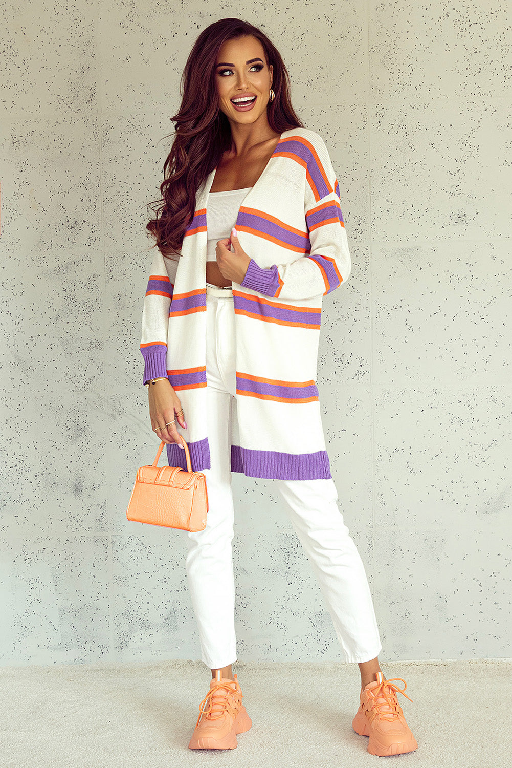 Striped Long Sleeve Ribbed Trim Button Cardigan