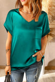 Satin V Neck Pocket Short Sleeves Top