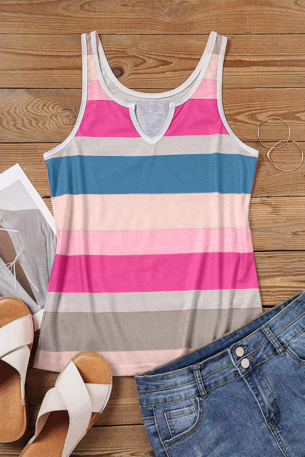 Striped Color Block Notched Neck Tank Top