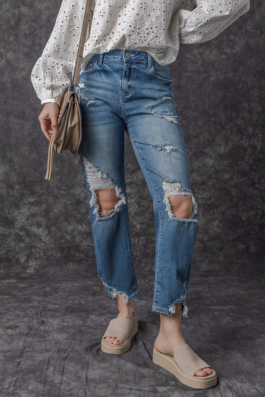 Sky Blue Ripped Knee Hole High Waist Jeans