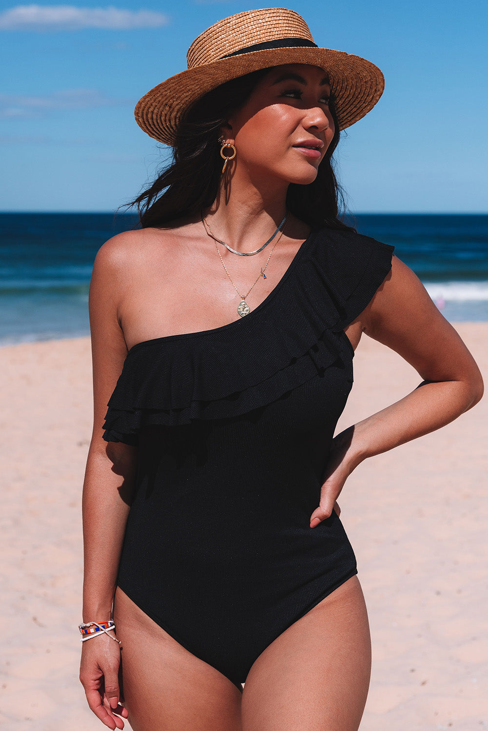 Ruffle Tiered One Shoulder One Piece Swimsuit