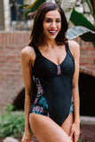 Leaves Splicing Ruched Front Open Back One-piece Swimsuit