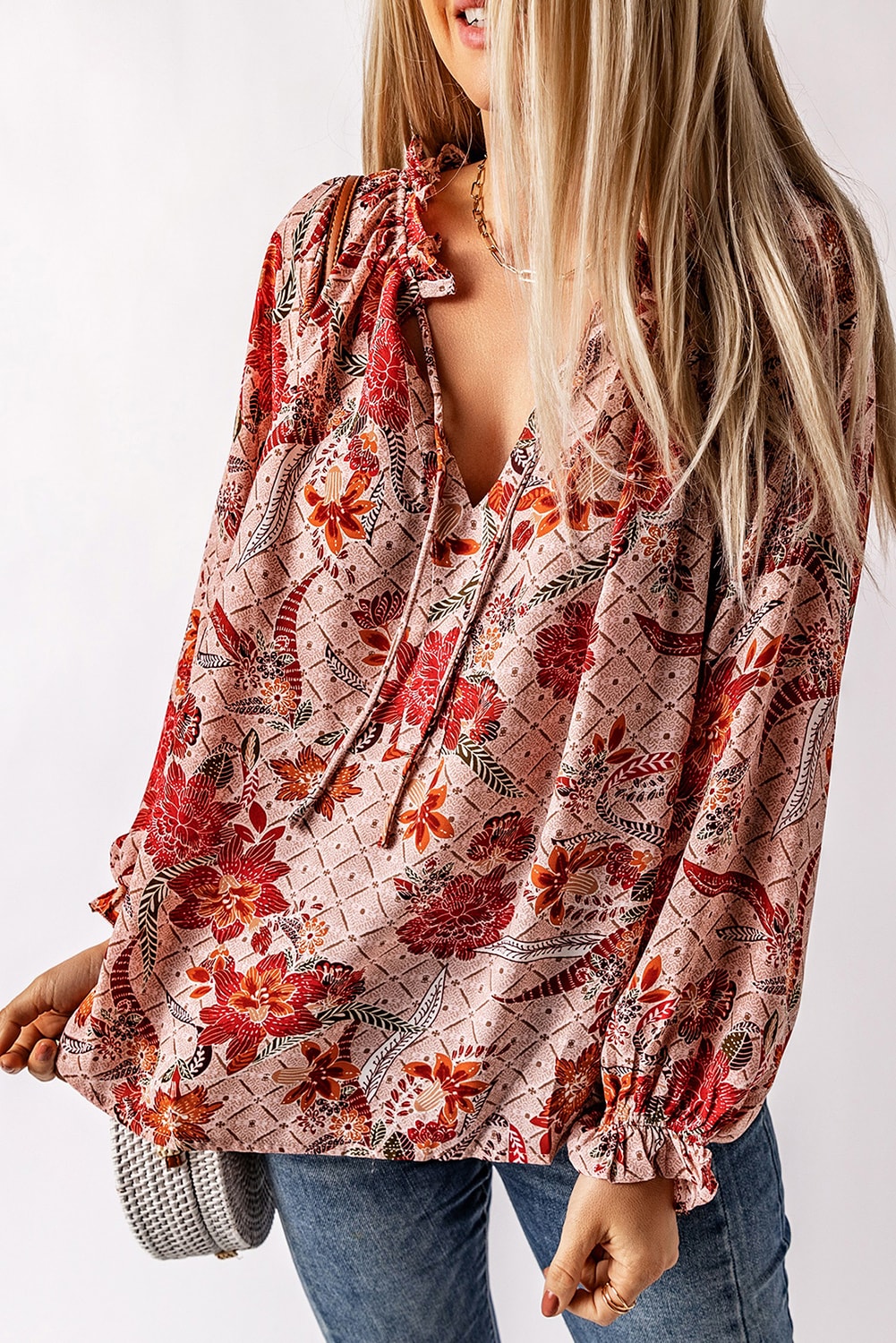 Split V Neck Printed Blouse