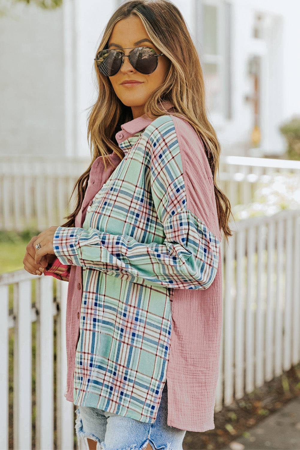 Plaid Contrast Color Block Shirt