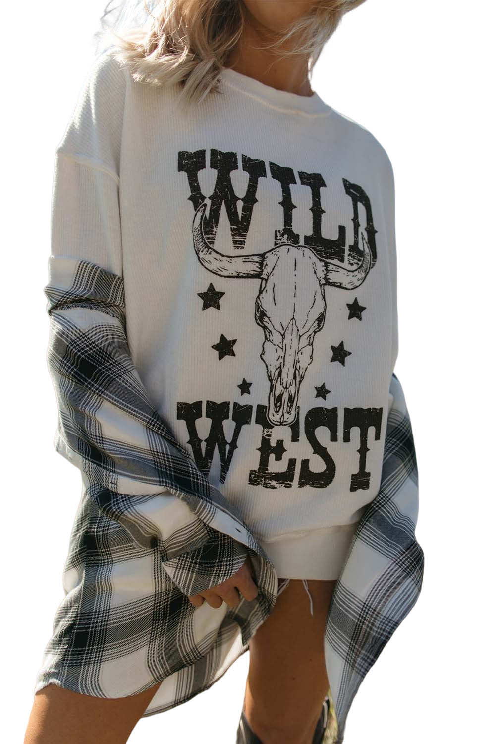 Sweat-shirt côtelé blanc à motif tête de mort WILD WEST Steer