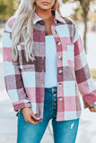 Plaid Color Block Buttoned Long Sleeve Jacket with Pocket