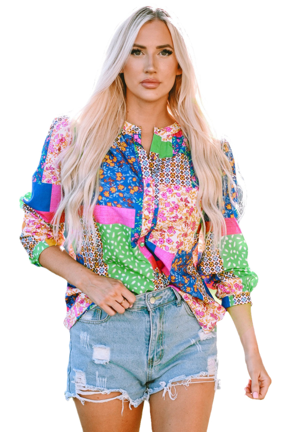 Floral Patchwork Print Buttoned Puff Sleeve Shirt