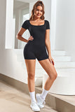 Ribbed Square Neck Short Sleeve Athleisure Romper