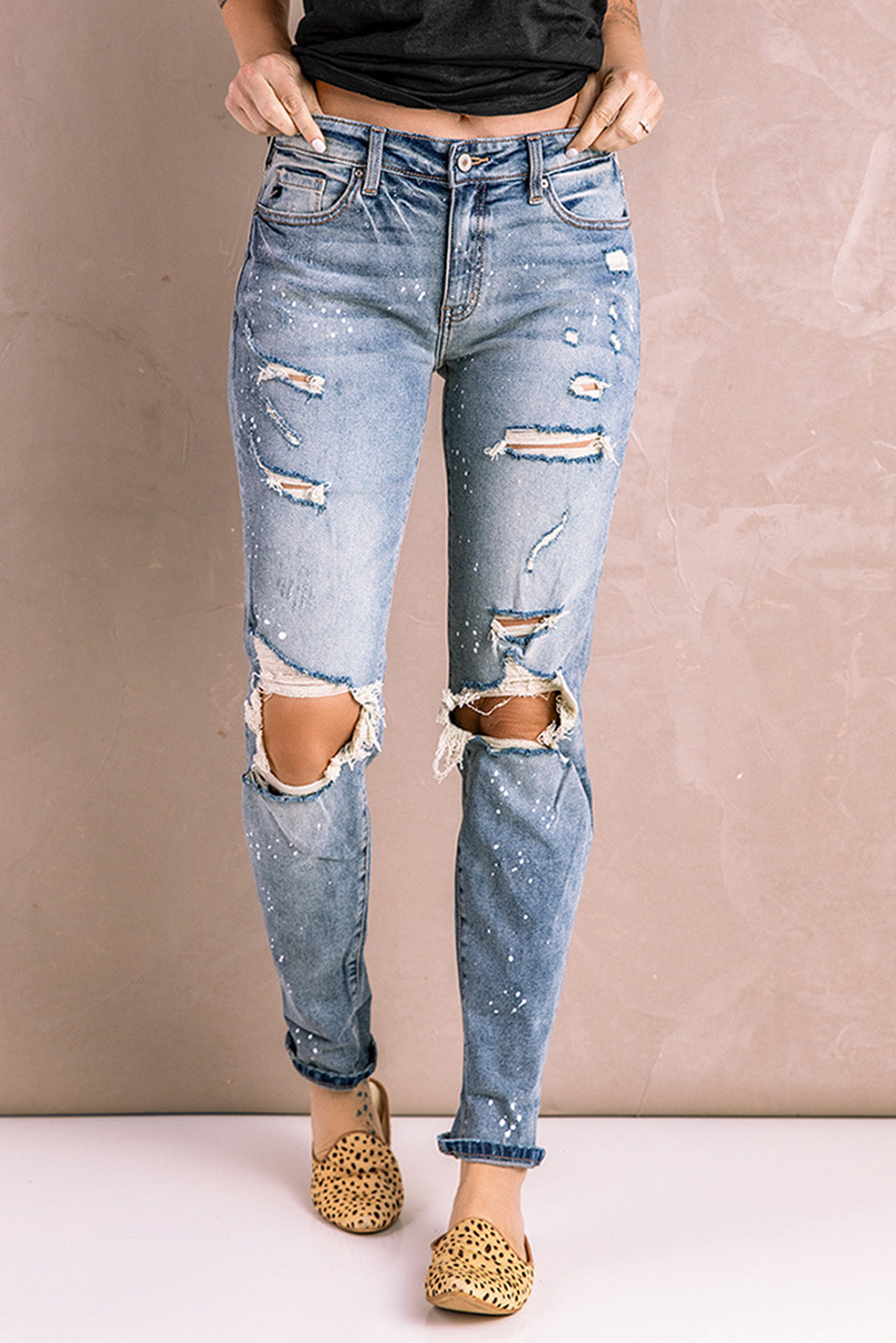 Distressed Faded Splatter Denim Pants