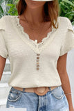 Lace Splicing Waffle Knit Buttons Short Sleeve Blouse