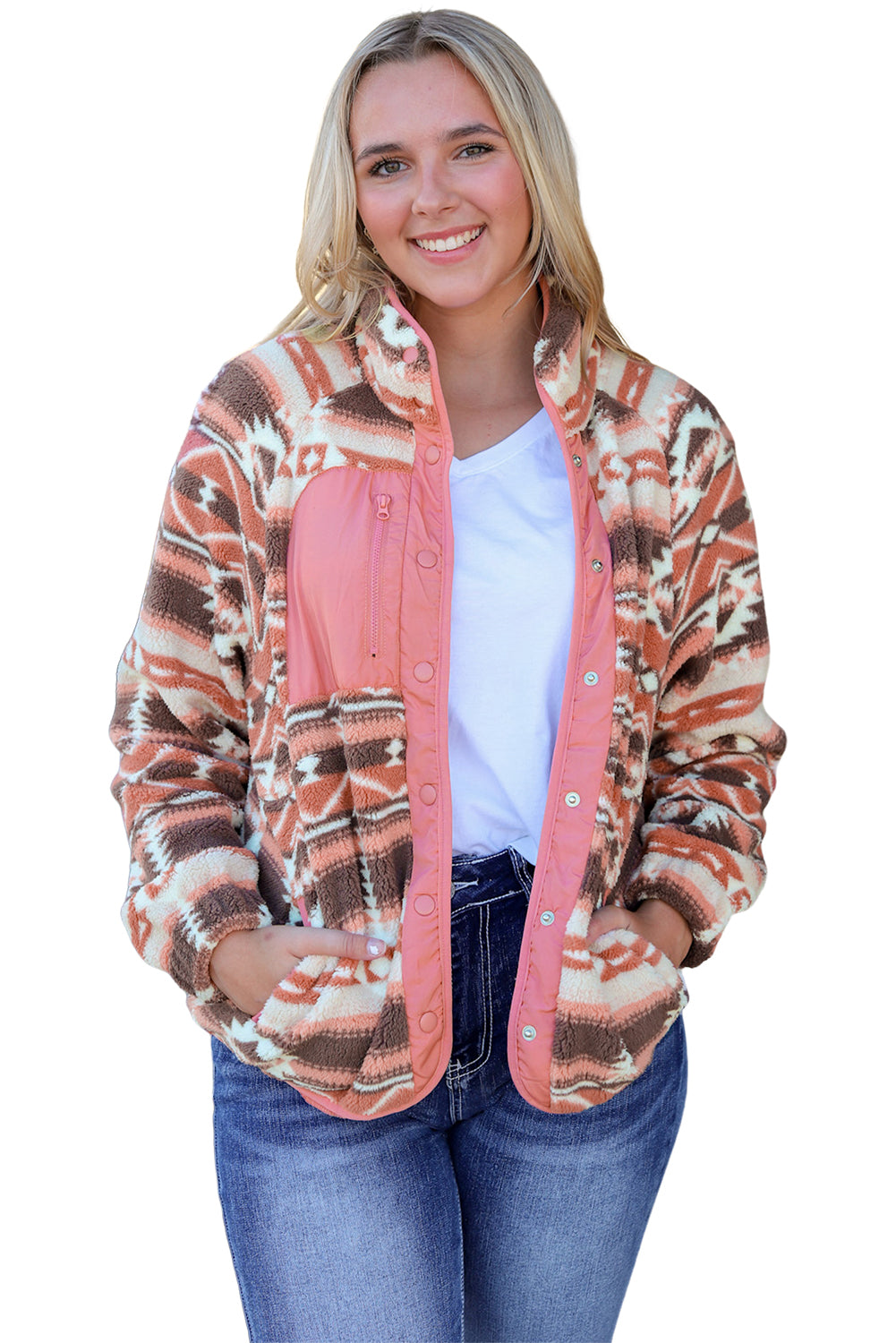 Western Colorblock Snap Buttoned Sherpa Jacket