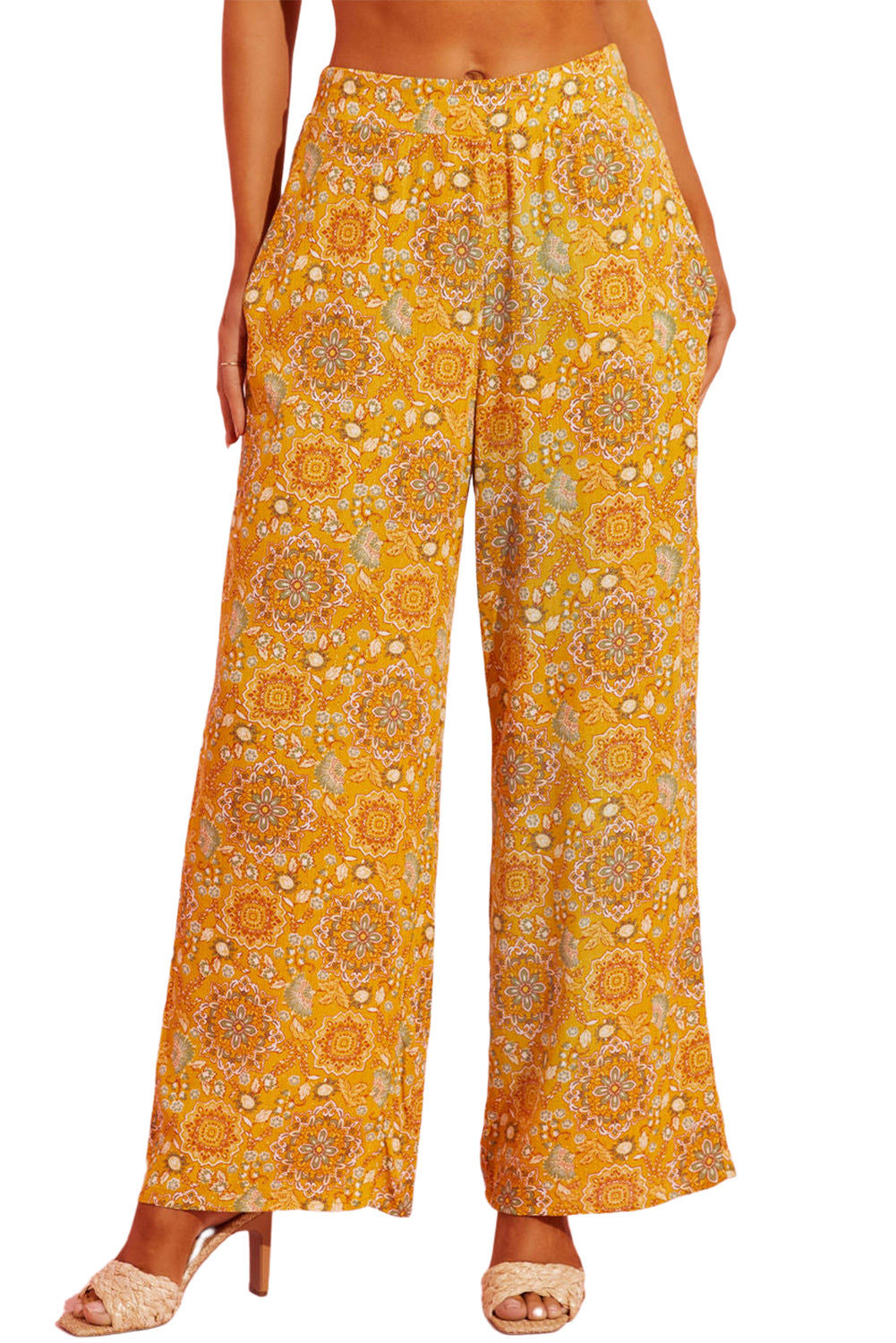 Pantalon large à poches et imprimé floral bohème jaune 