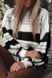 White Striped Knit Puff Sleeve Casual Sweater