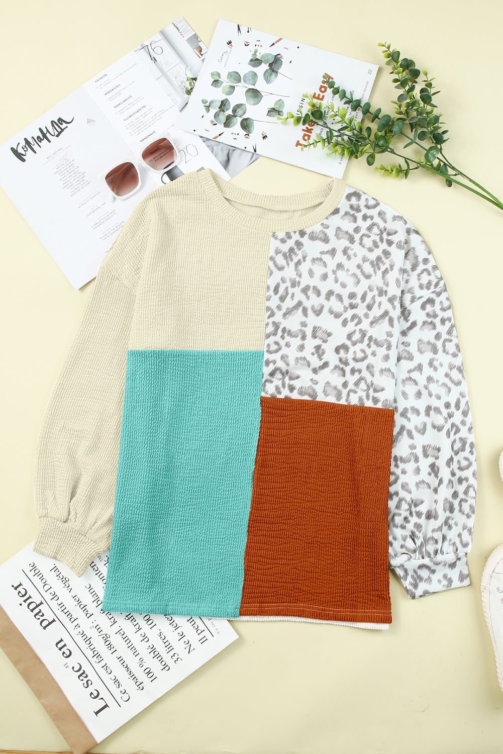 Leopard Patchwork Color Block Ribbed Long Sleeve Top