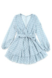 Sky Blue V Neck Baggy Sleeve Waist Tie Double Layer Ruffle Hem Dotted Print Short Dress