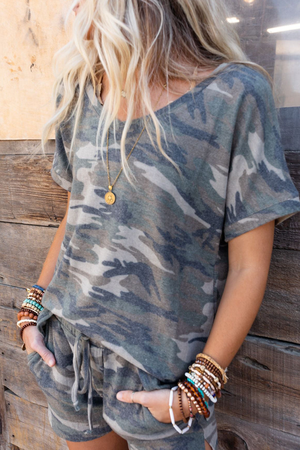 Classic Camo Print Slouchy Loungewear Shorts Set