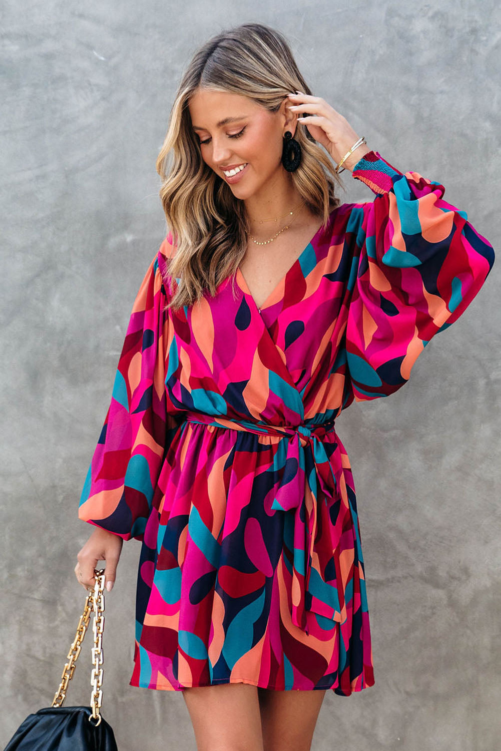 Abstract Printed Belted Puff Sleeve Mini Dress