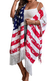 Plus Size American Flag Tasseled 3/4 Sleeve Cardigan