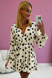 Beige Polka Dot Printed Surplice V Neck Puff Sleeve Mini Dress