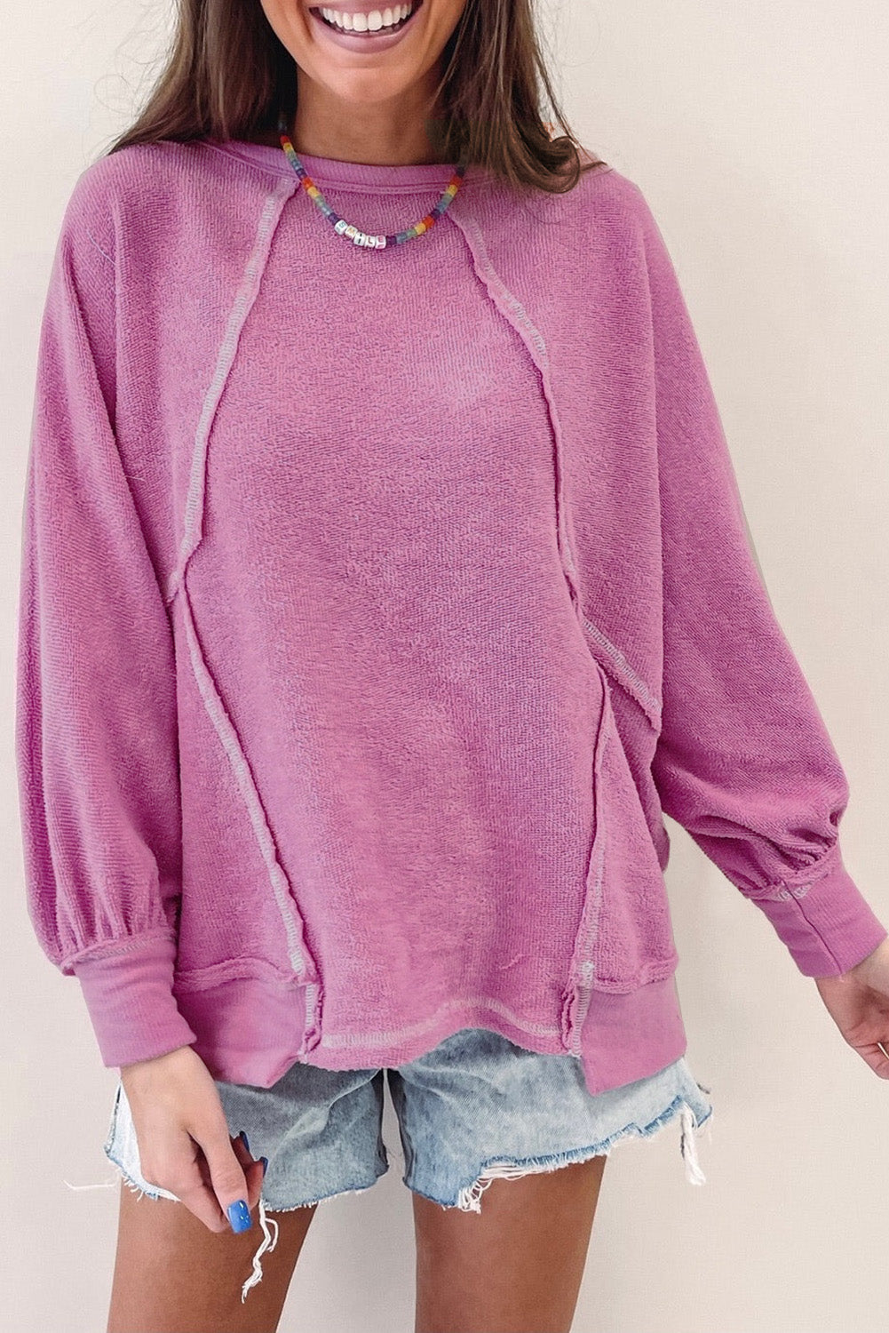 Exposed Seam Round Neck Terry Pullover