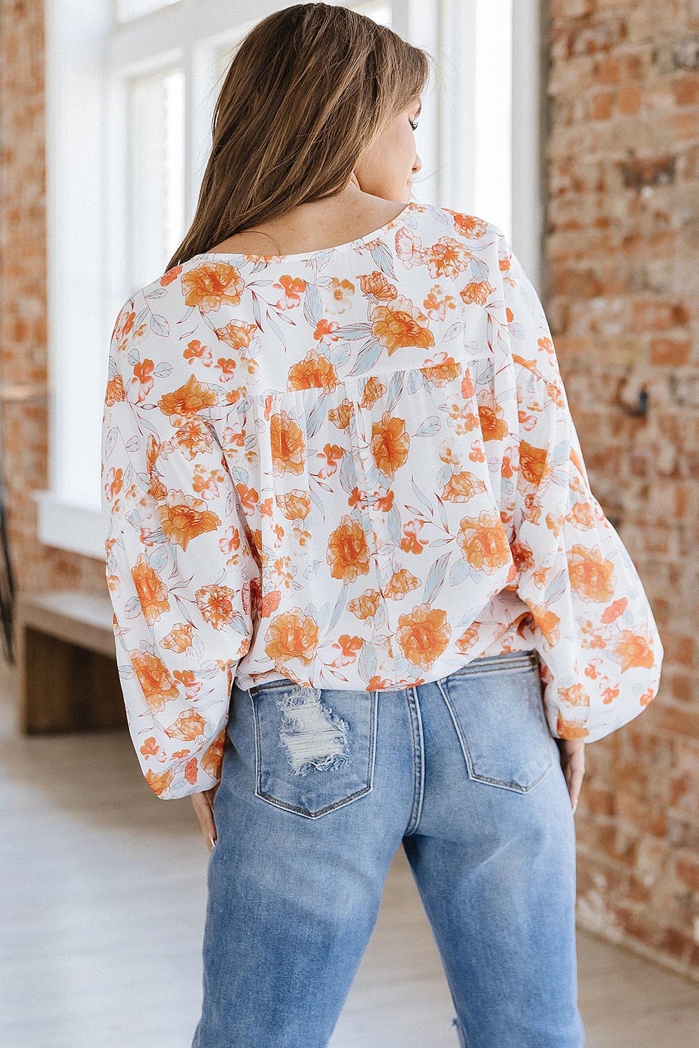 Tassel Tie V Neck Bubble Sleeve Floral Blouse