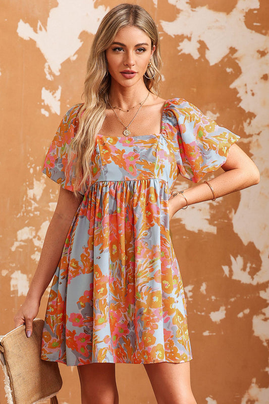 High Waist Square Neck Puff Sleeve Floral Dress