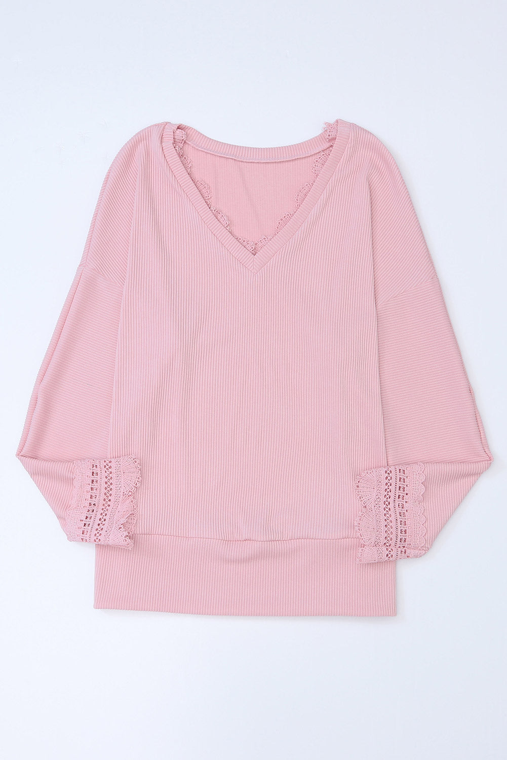 Ribbed Texture Lace Trim V Neck Long Sleeve Top