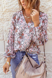 Green Floral Print V Neck Long Puff Sleeve Top