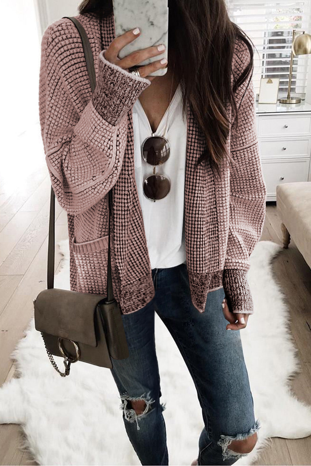 Apricot Chunky Waffle Knit Oversized Collar Cardigan