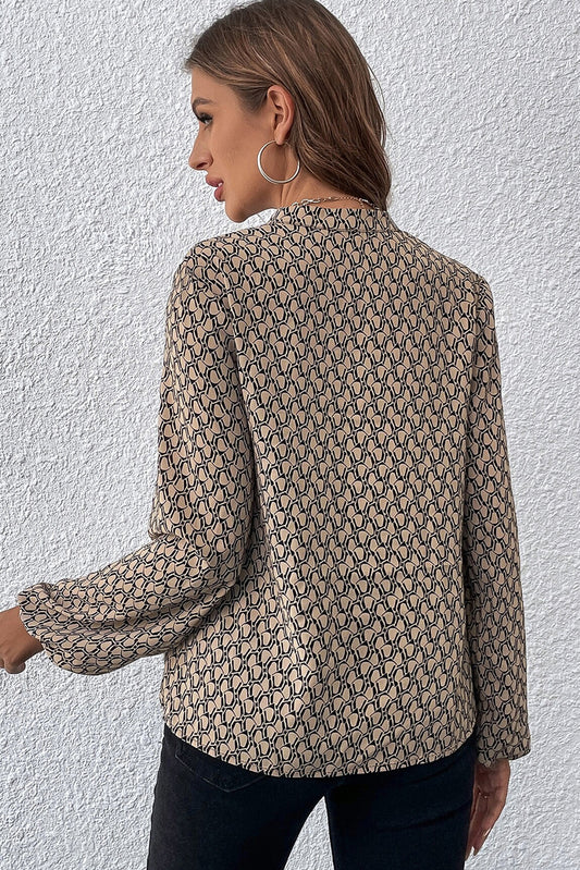 Khaki Geometric Print Notched Neck Puff Sleeve Blouse