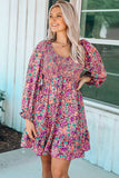 Smocked V Neck Puffy Sleeve Floral Dress