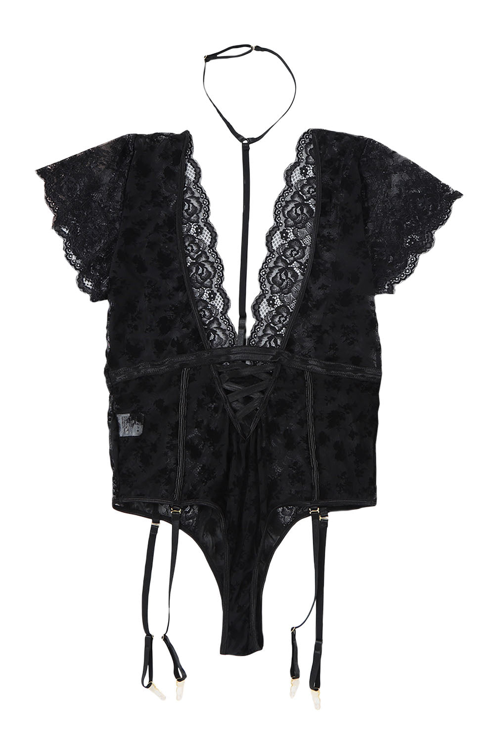 Lingerie Teddy noire en maille et dentelle florale à bretelles de grande taille