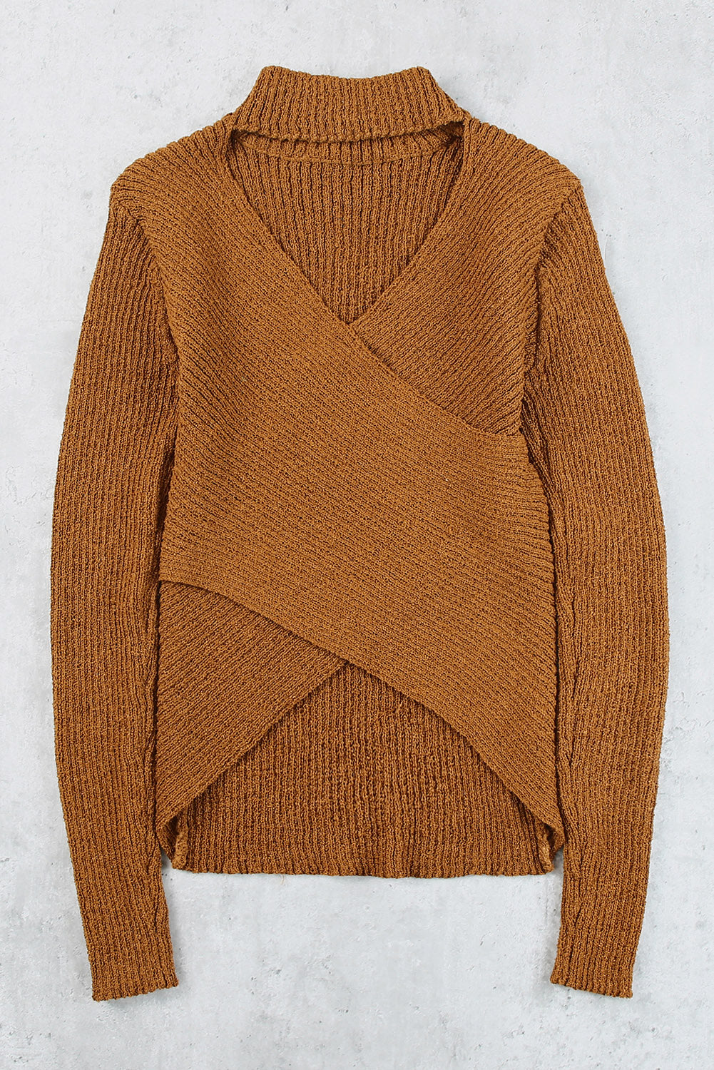 High Neck Hollow-out Crossed Wrap Knit Sweater