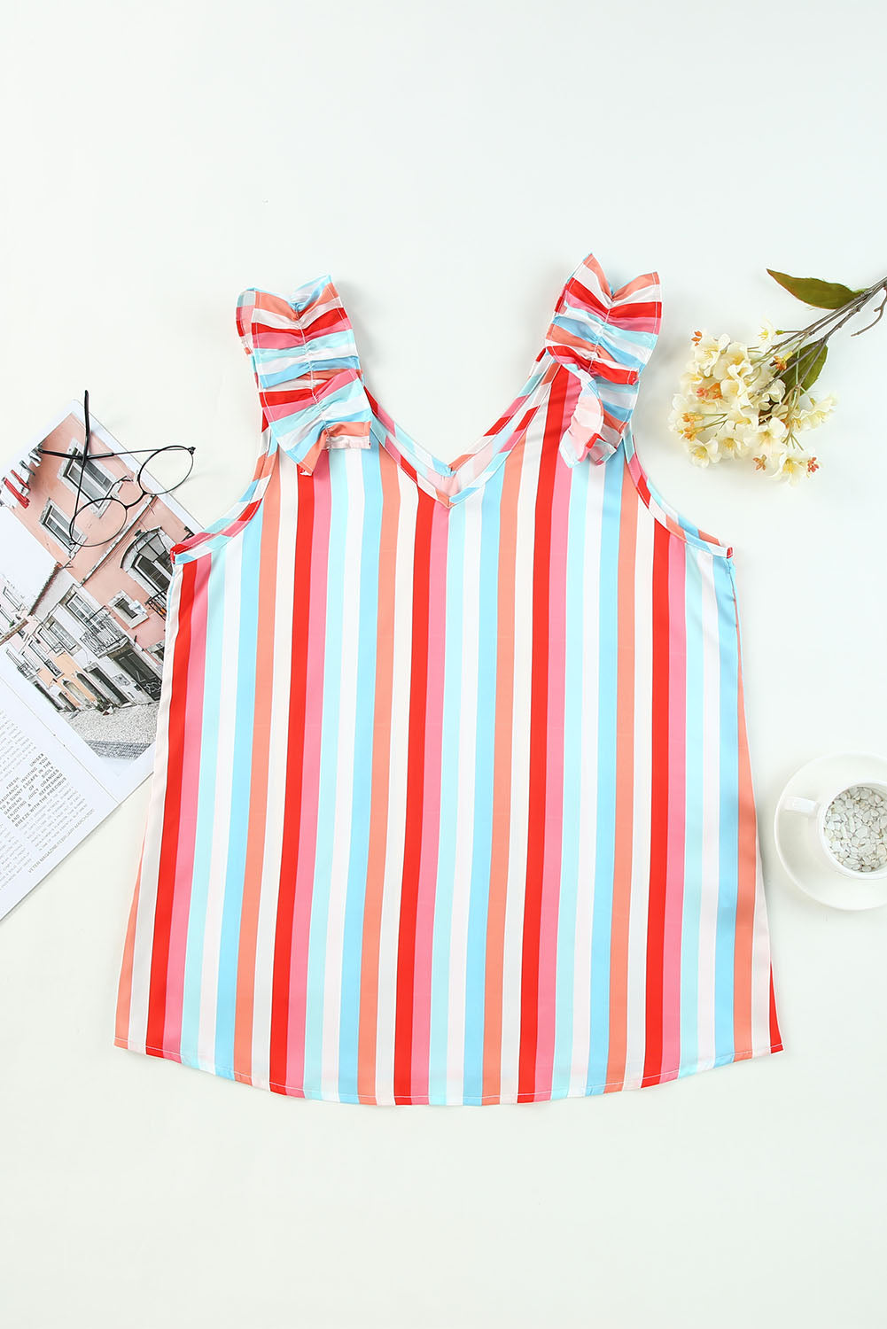 Striped V Neck Ruffle Straps Tank Top