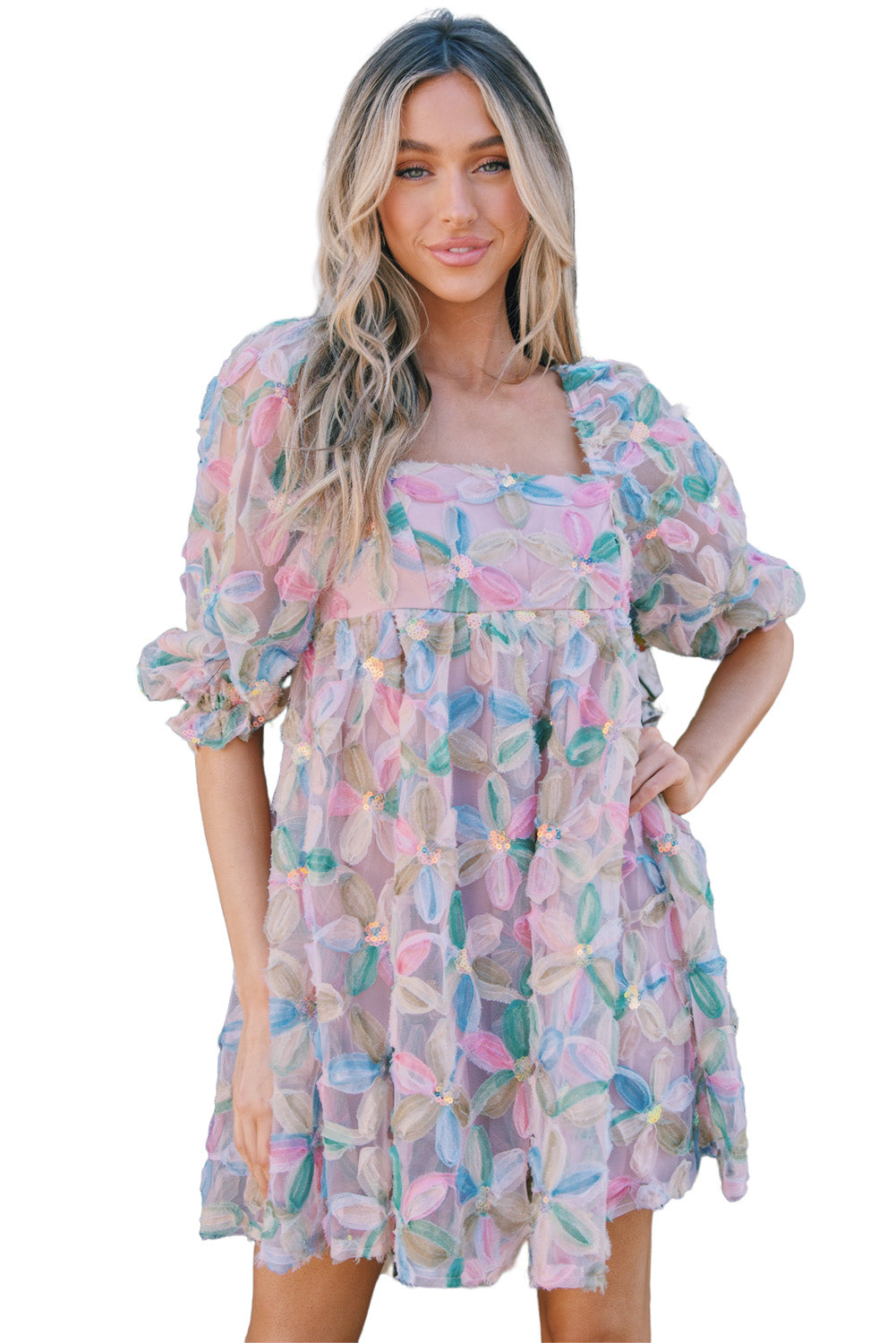 Robe babydoll multicolore à sequins et fleurs