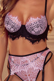 Spaghetti Strap Eyelash Lace Bralette Set with Garter Belt