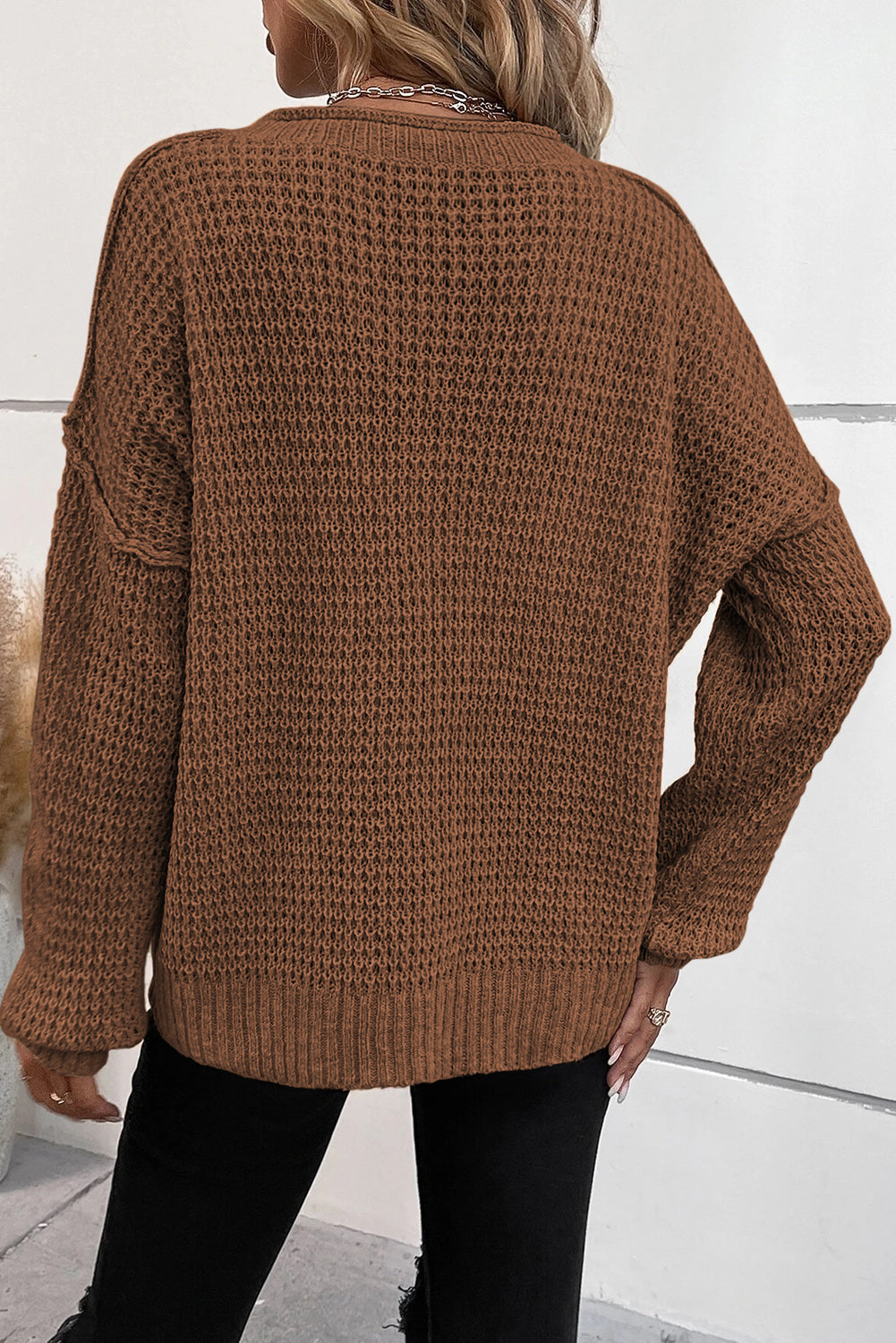 Khaki Pointelle Knit Button V Neck Drop Shoulder Sweater