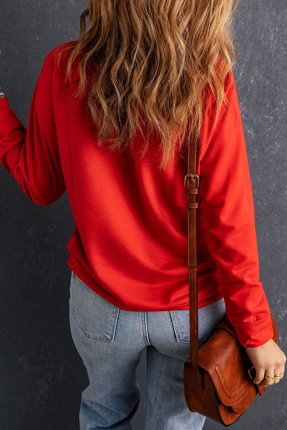 Sweat-shirt rouge à col rond de couleur unie