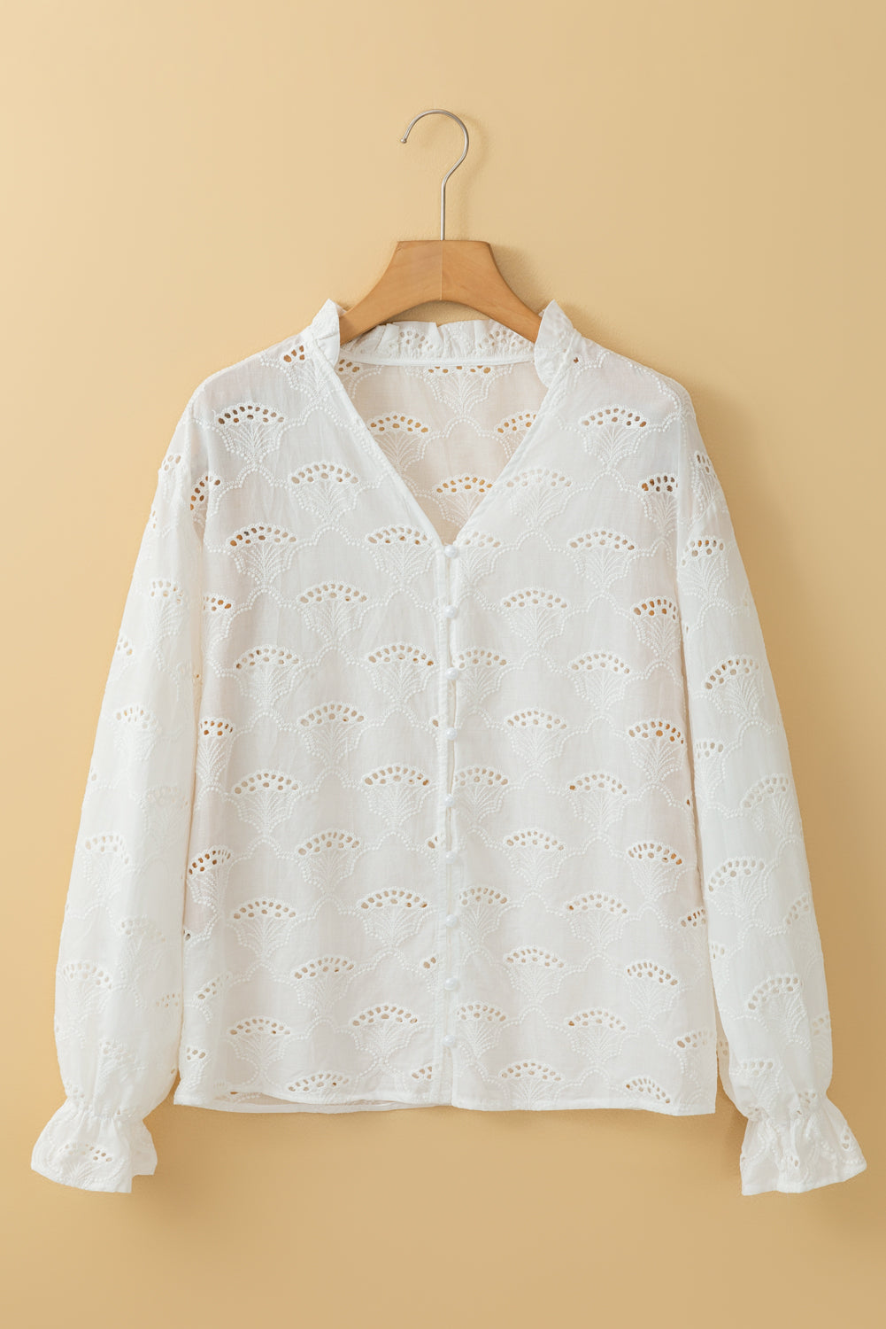 Fanshaped Lace Hollow out Split Neck Puff Sleeve Blouse