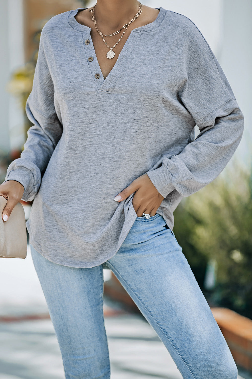 Black Buttoned V Neck Cotton Loose Fit Top