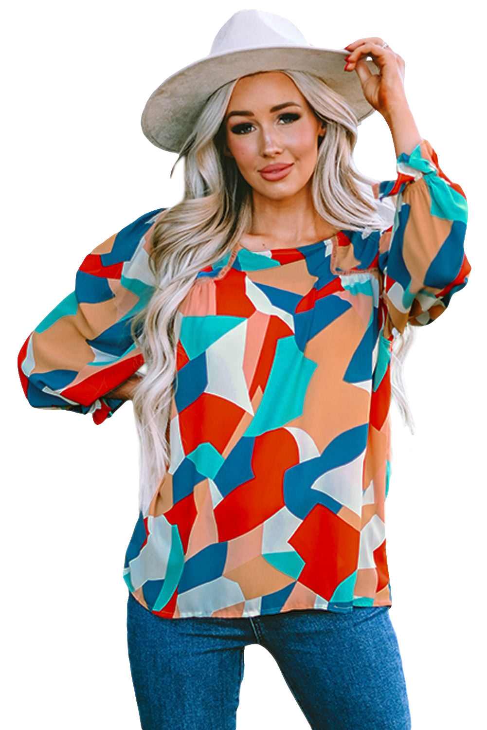 Abstract Pattern Crewneck Ruffled Puff Sleeve Blouse