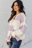 Striped Knit Button Ribbed Split Neck Sweater