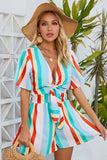 Stripe Print Tie V Neck Flowy Romper