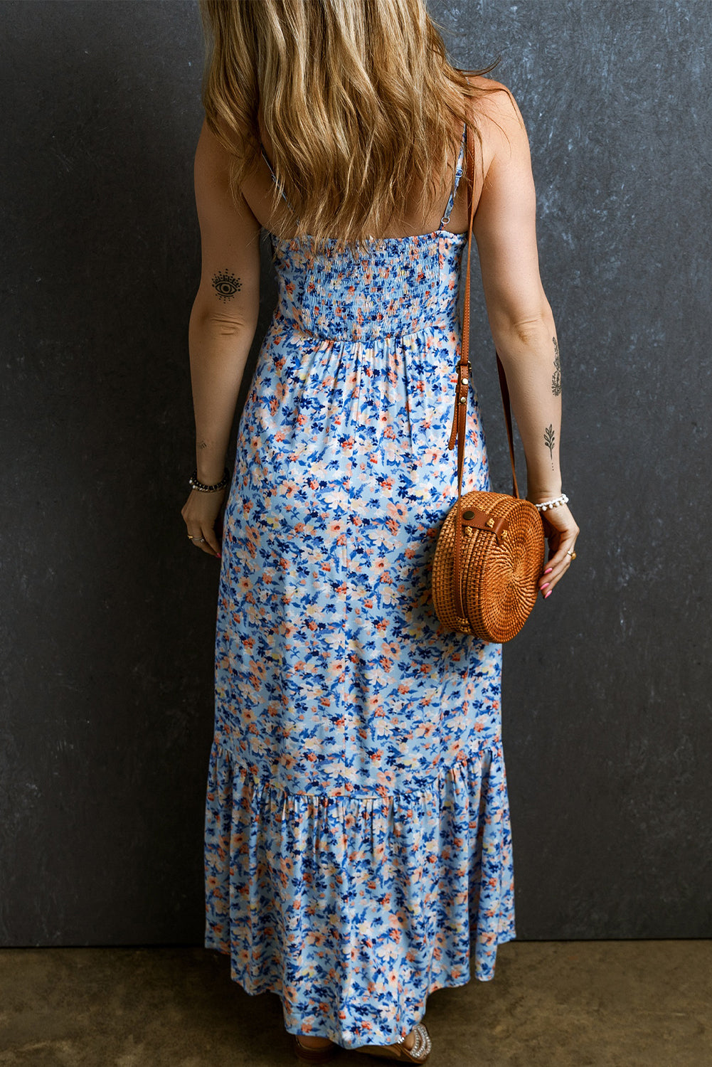 Sky Blue Floral Print Ruffled Ruched Maxi Dress