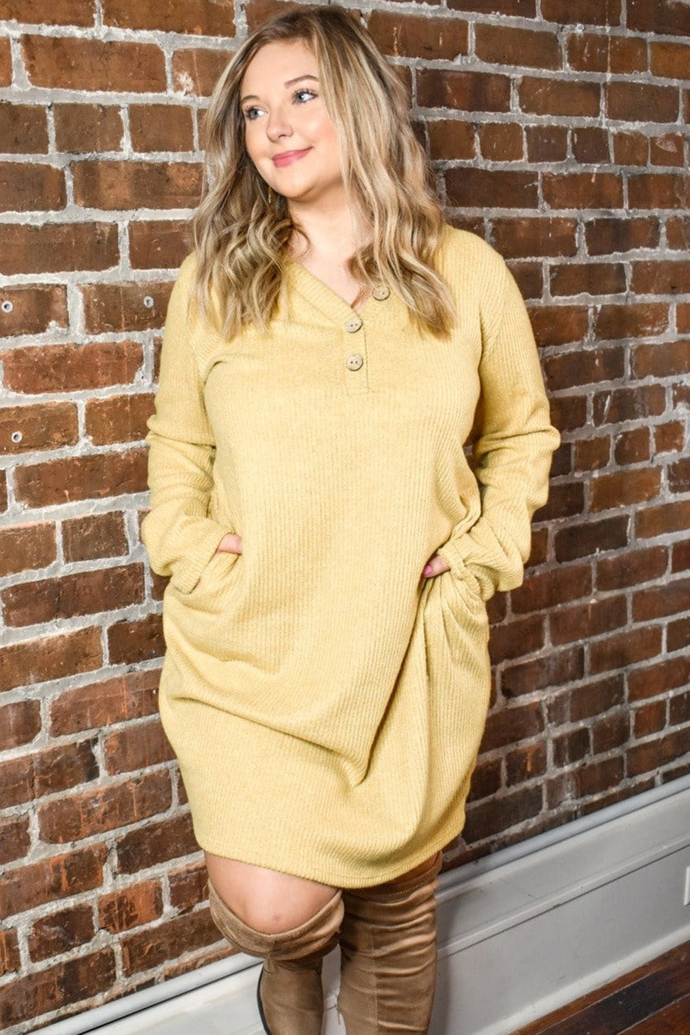 Plus Size Ribbed Long Sleeve Pocketed Henley Dress