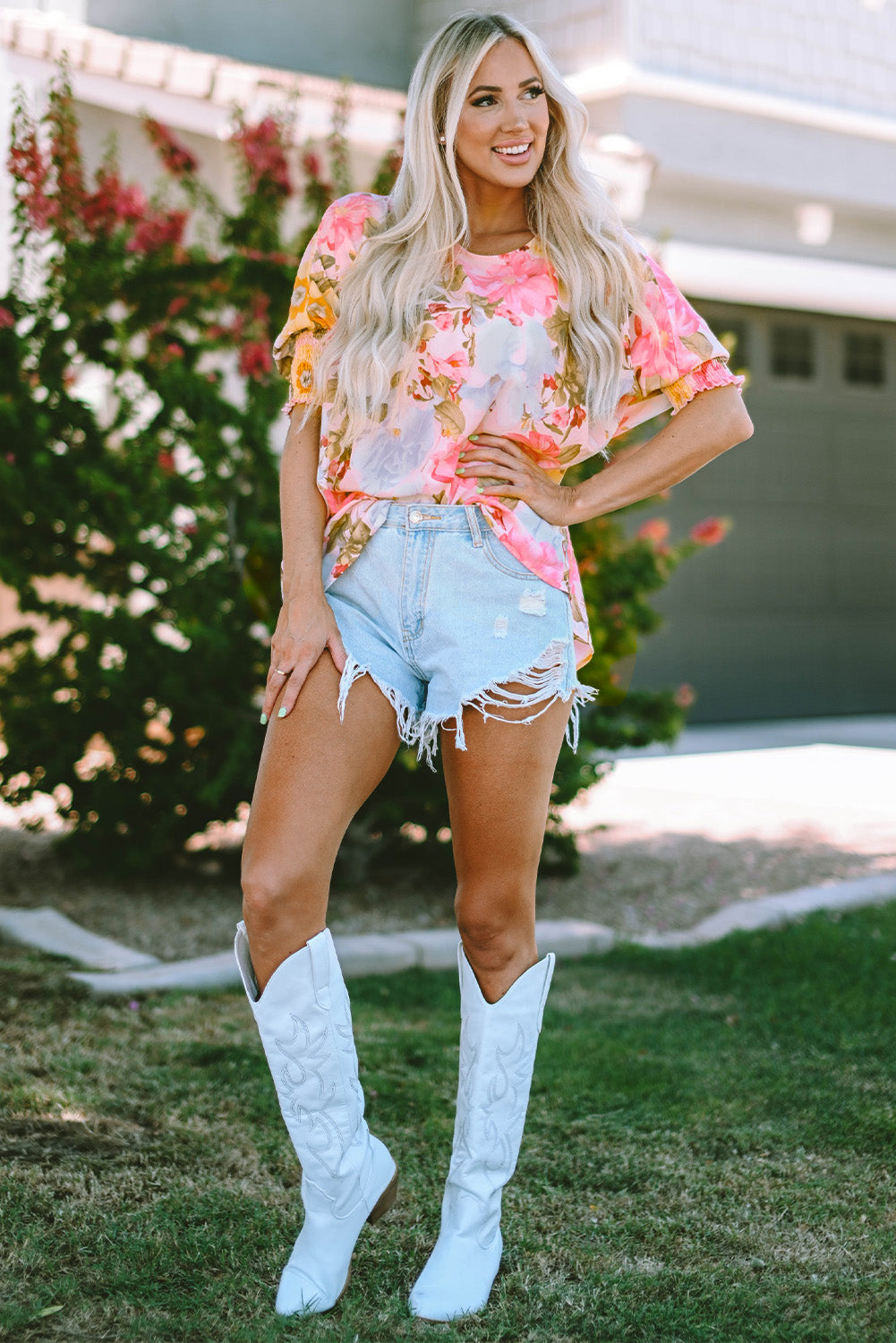 Pink Floral Print Tiered Ruffled Long Sleeve Blouse