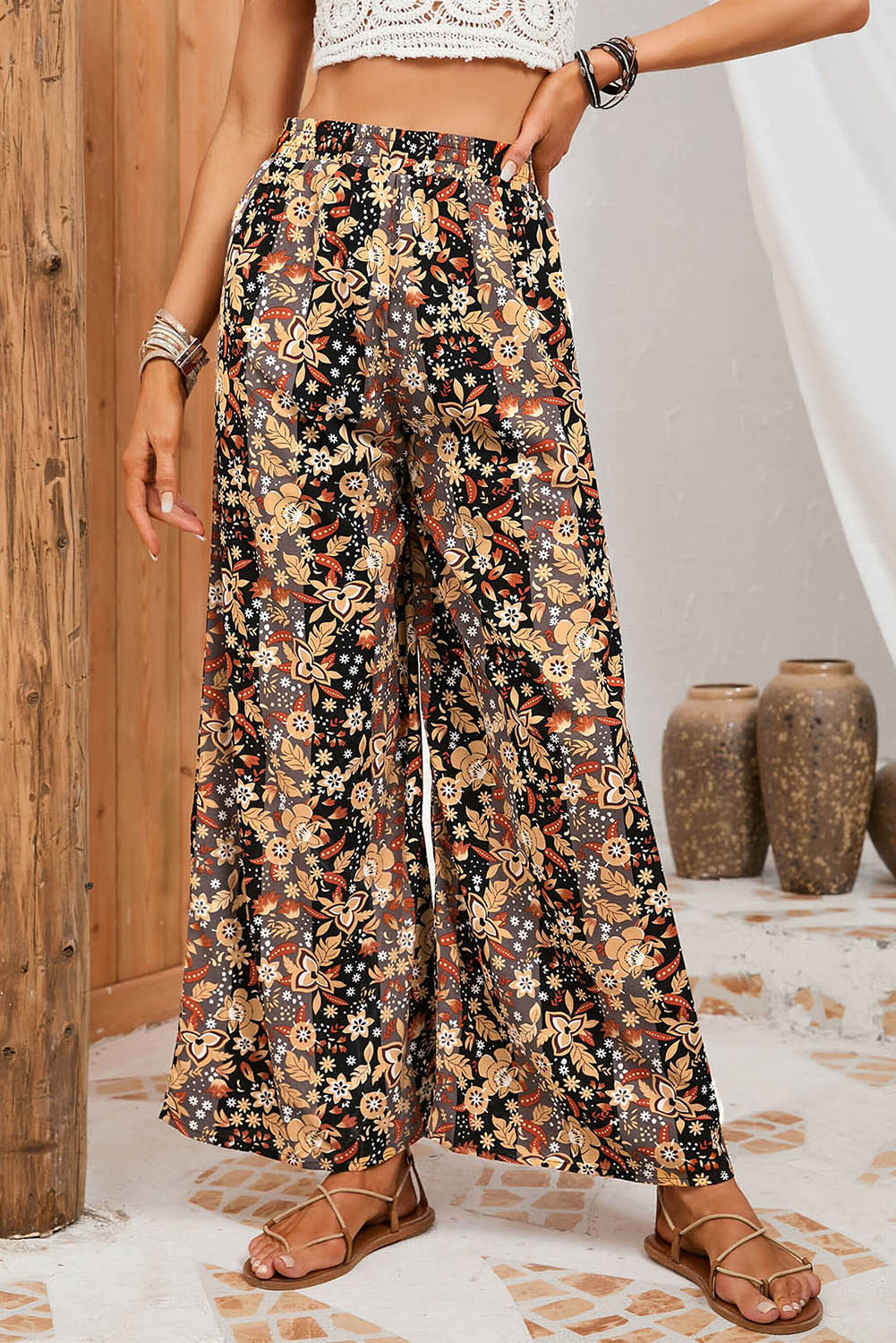 Floral Print High Waist Wide Leg Pants