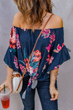 Off Shoulder Floral Tie Front High Low Chiffon Blouse