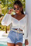 Drawstring Front Sheer Puff Sleeve Crop Top