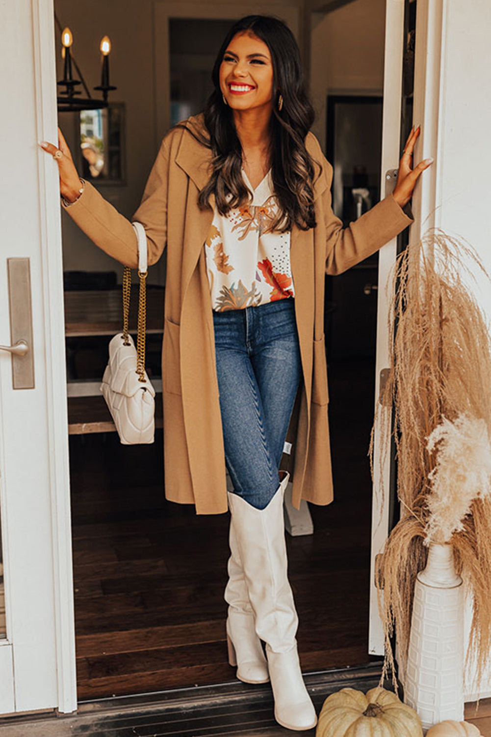 White V Neck Loose Sleeve Floral Blouse